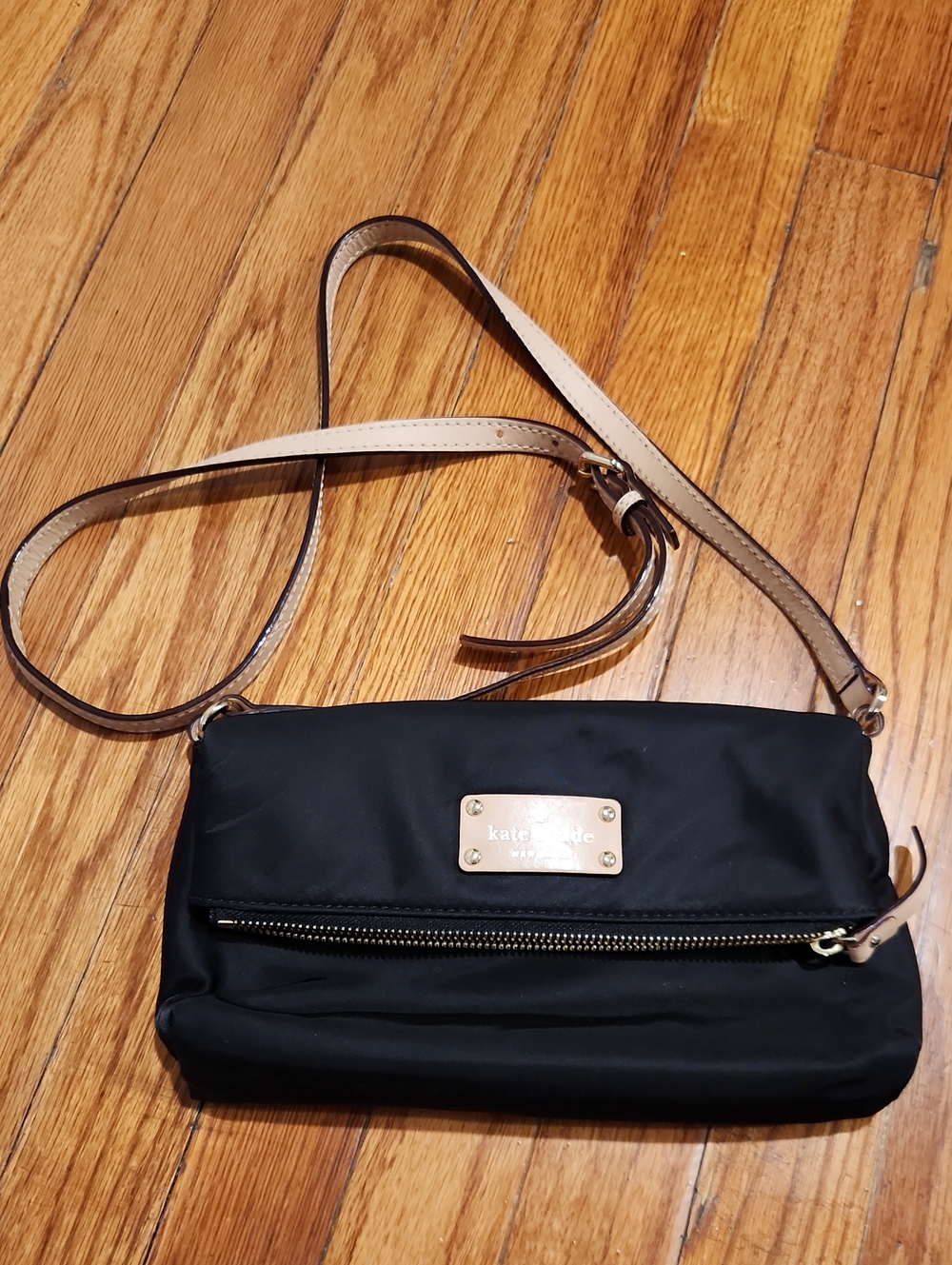 kate spade Black Nylon Crossbody with Tan Strap and Gold Plate